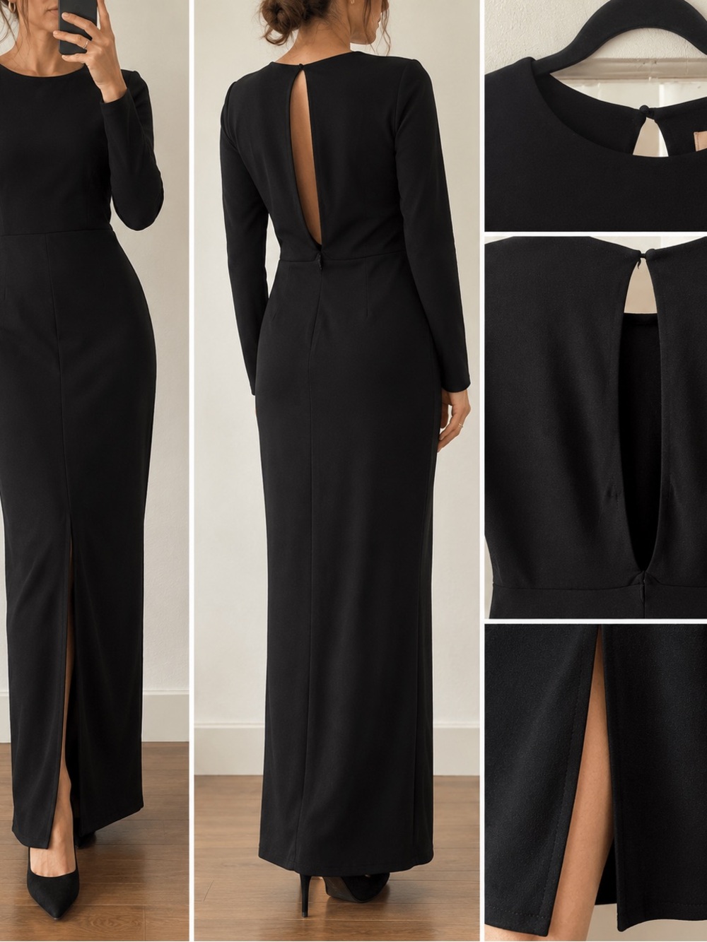 H&M Black Long Sleeve Maxi Dress with Back Keyhole and Front Slit